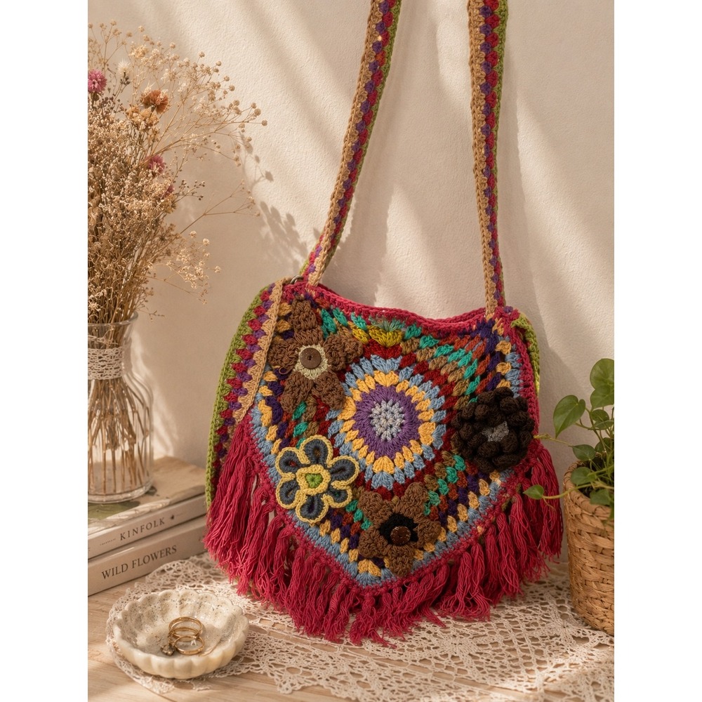 J.P. & Mattie Crochet Crossbody Bag Boho Granny Square Fringe Floral Multi Color